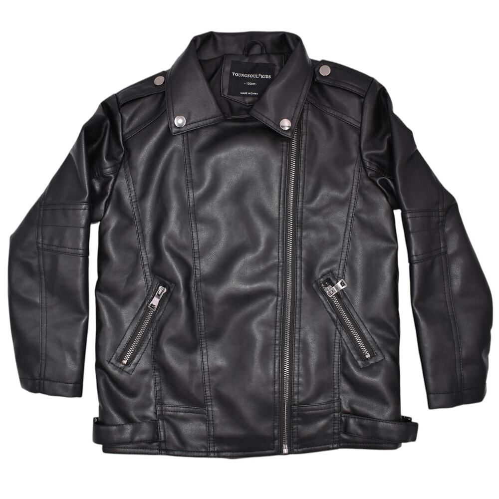YoungSoul Kids Motorcycle Jacket Black Faux Leather Biker Coat Youth 130cm US 8